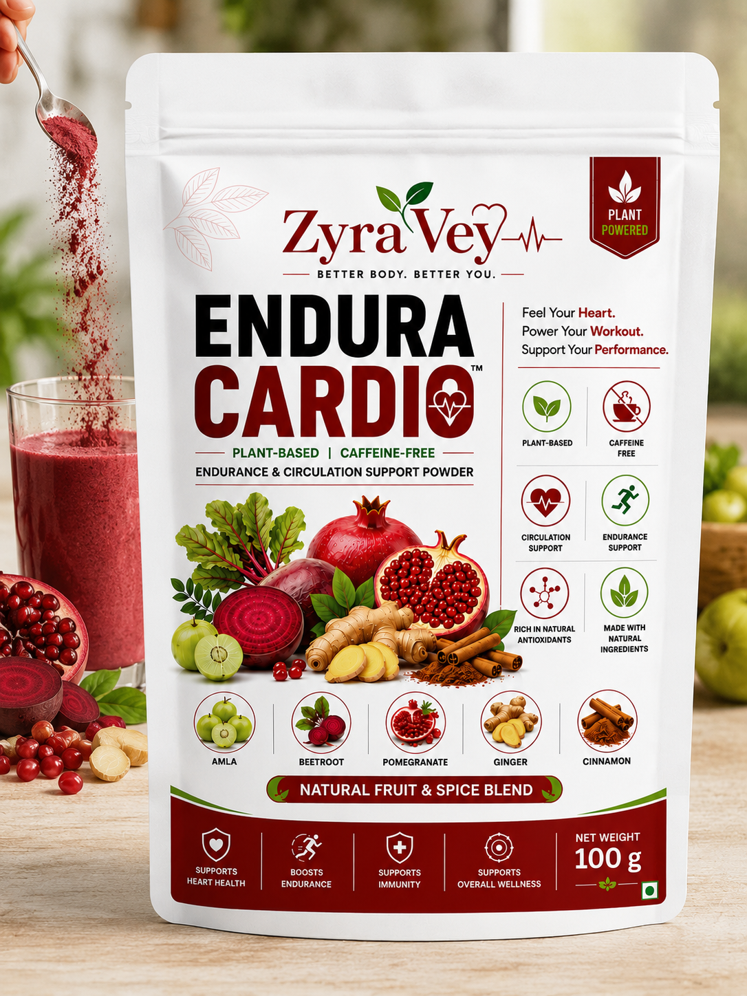 ZyraVey Endura Cardio –| Amla, Beetroot, Pomegranate, Ginger & Cinnamon | liver, hair, immune, fatty liver, acne, skin glow – 100g
