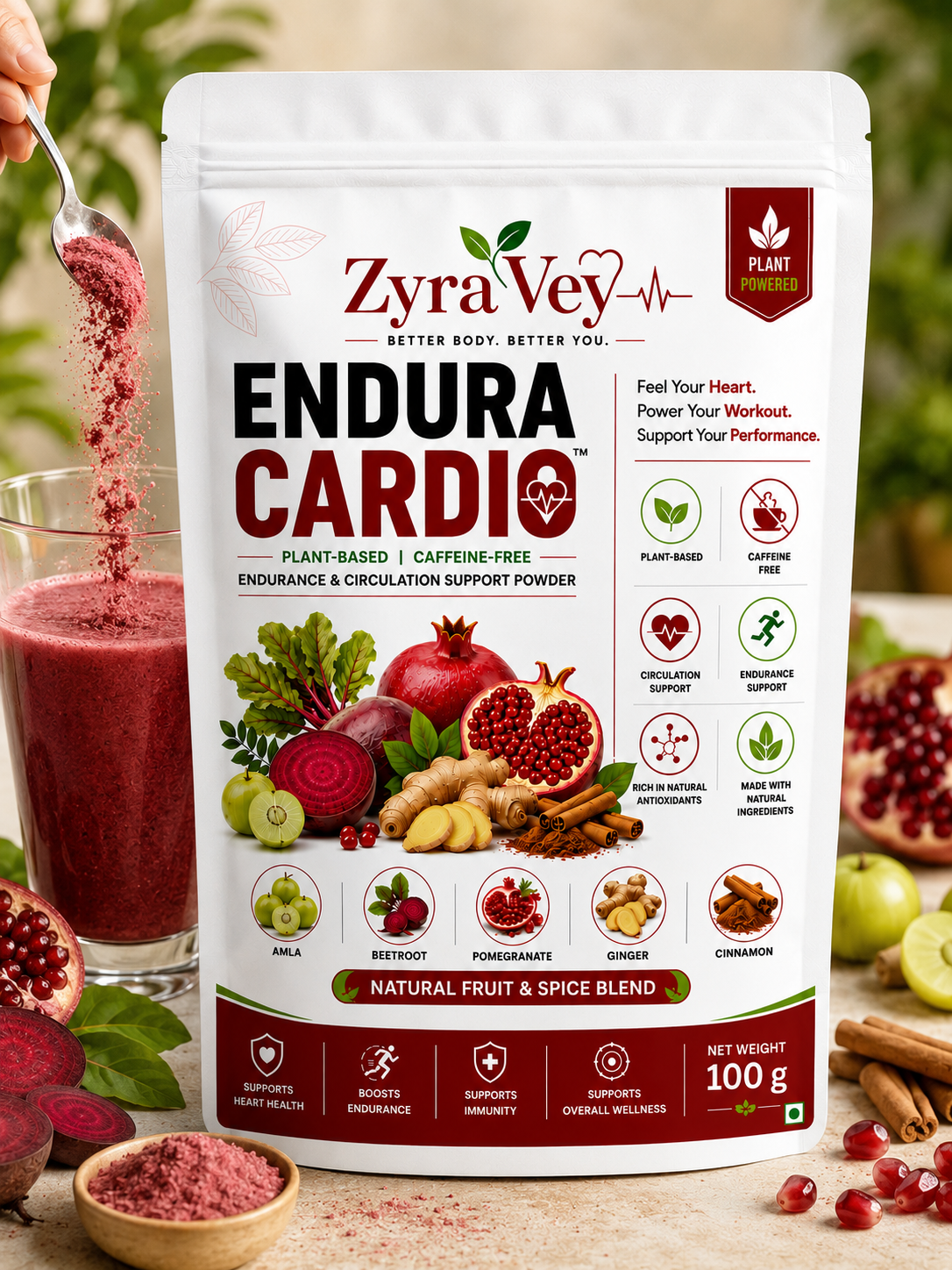 ZyraVey Endura Cardio –| Amla, Beetroot, Pomegranate, Ginger & Cinnamon | liver, hair, immune, fatty liver, acne, skin glow – 100g