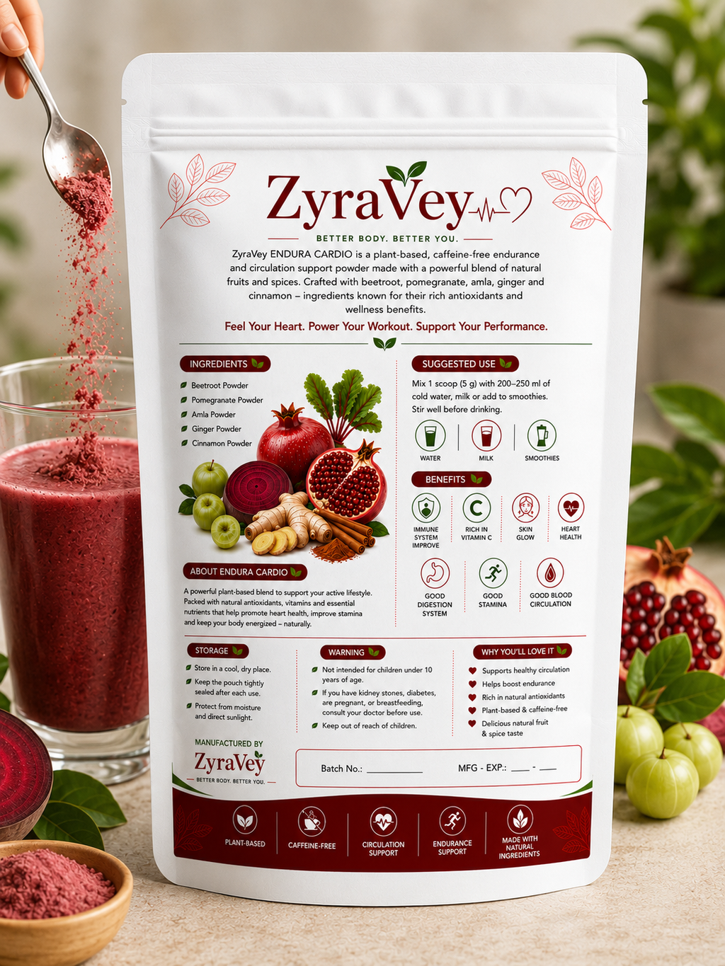 ZyraVey Endura Cardio –| Amla, Beetroot, Pomegranate, Ginger & Cinnamon | liver, hair, immune, fatty liver, acne, skin glow – 100g
